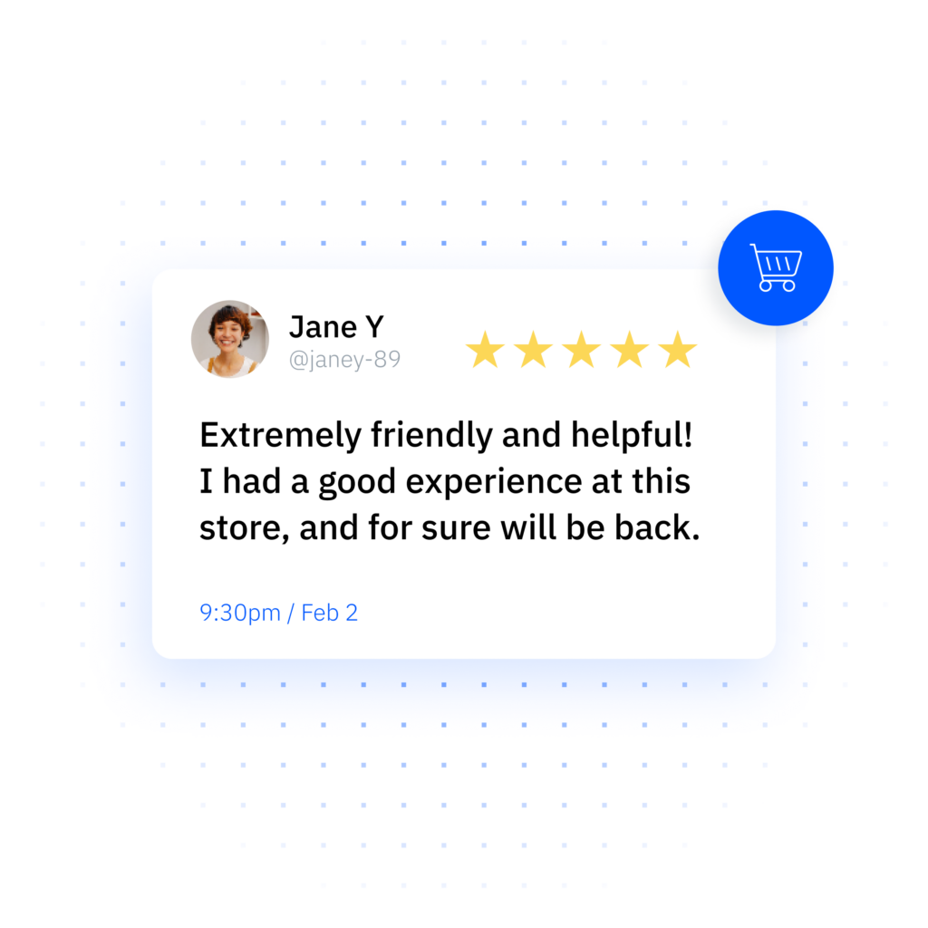 A picture of a 5 star online review from a customer named Jane Y.