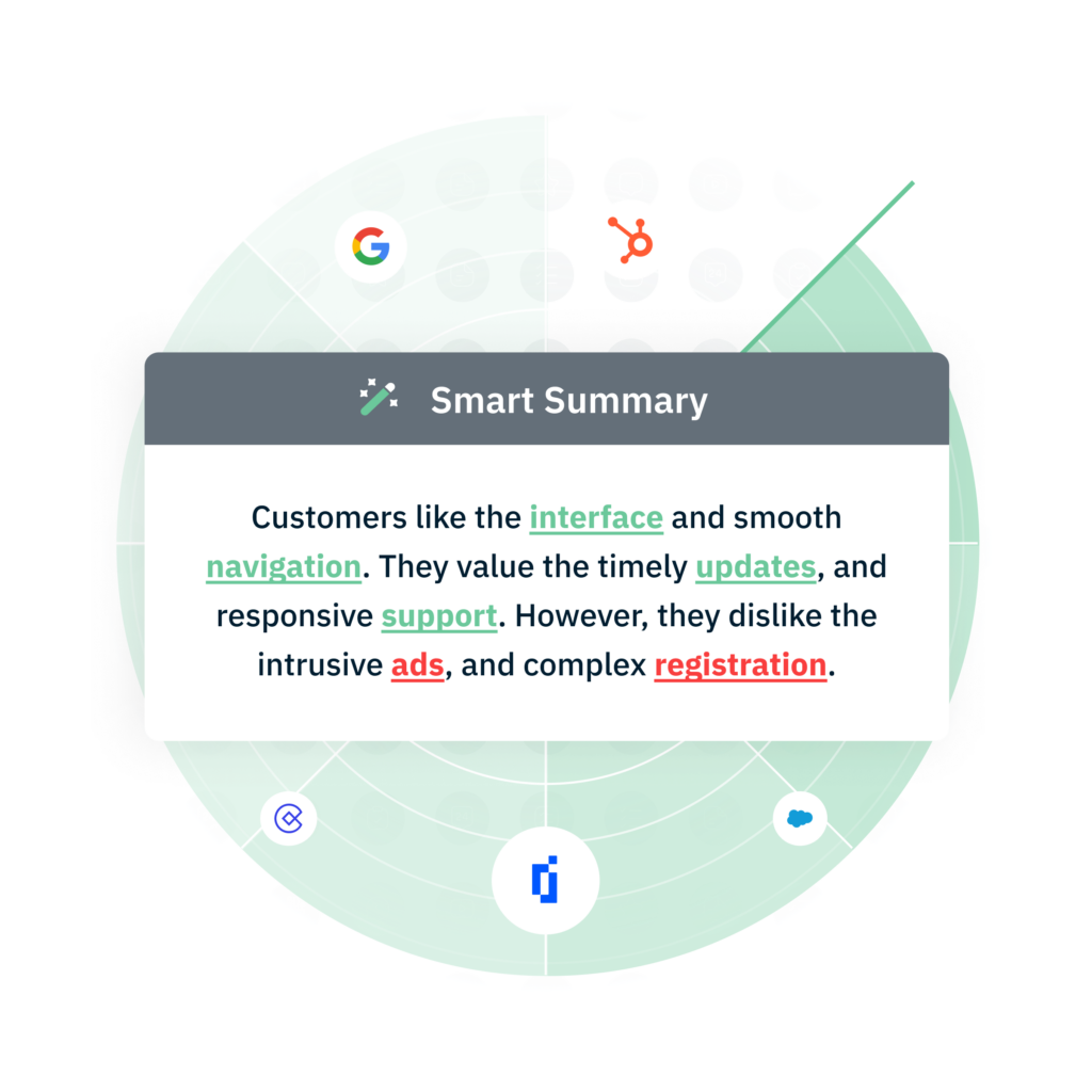 Smart summary of customer feedback within Pearl-Plaza's platform that simplifies customer insights. 